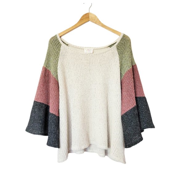 Fantastic Fawn Sweaters - Fantastic Fawn Color Block Exaggerated Bell Sleeves Relaxed Fit Chunky Sweater